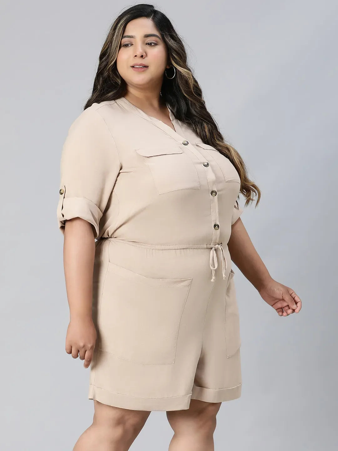 Beige Three-Quarter Sleeve Pocket Plus Size Playsuit