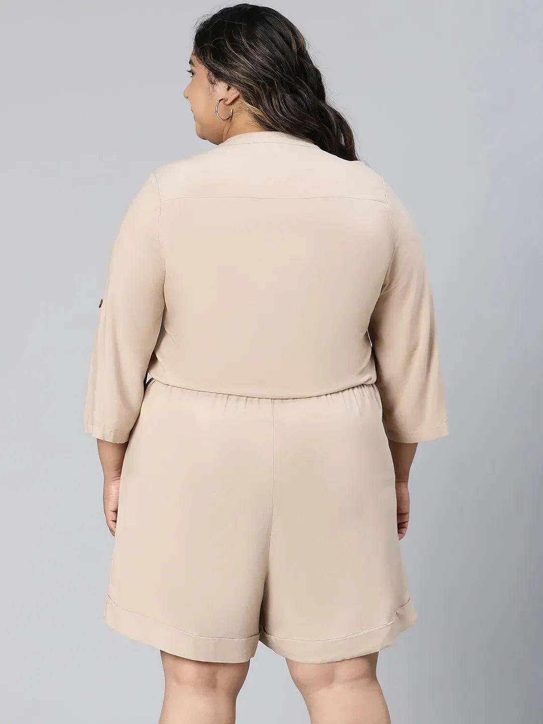 Beige Three-Quarter Sleeve Pocket Plus Size Curvy Playsuit