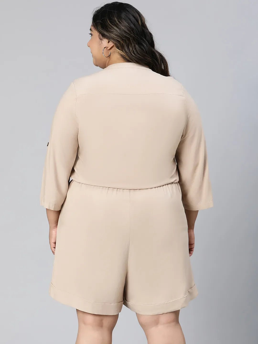 Beige Three-Quarter Sleeve Pocket Plus Size Playsuit