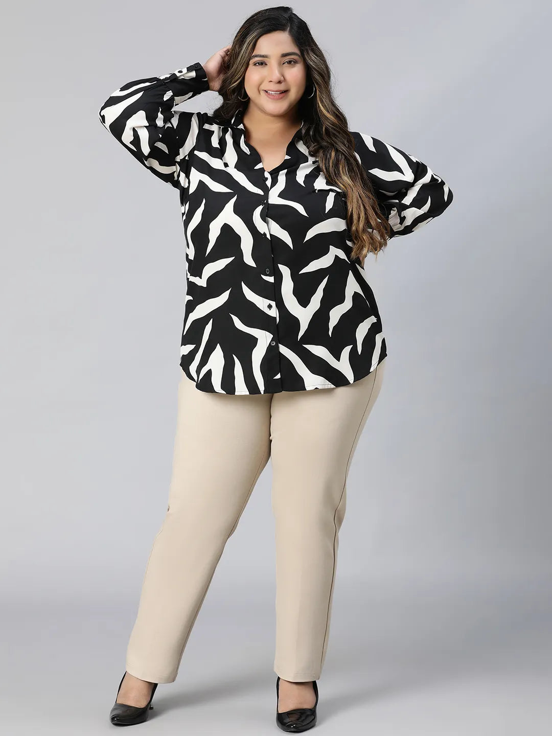 Stout Black Printed Long Sleeve Plus Size Shirt