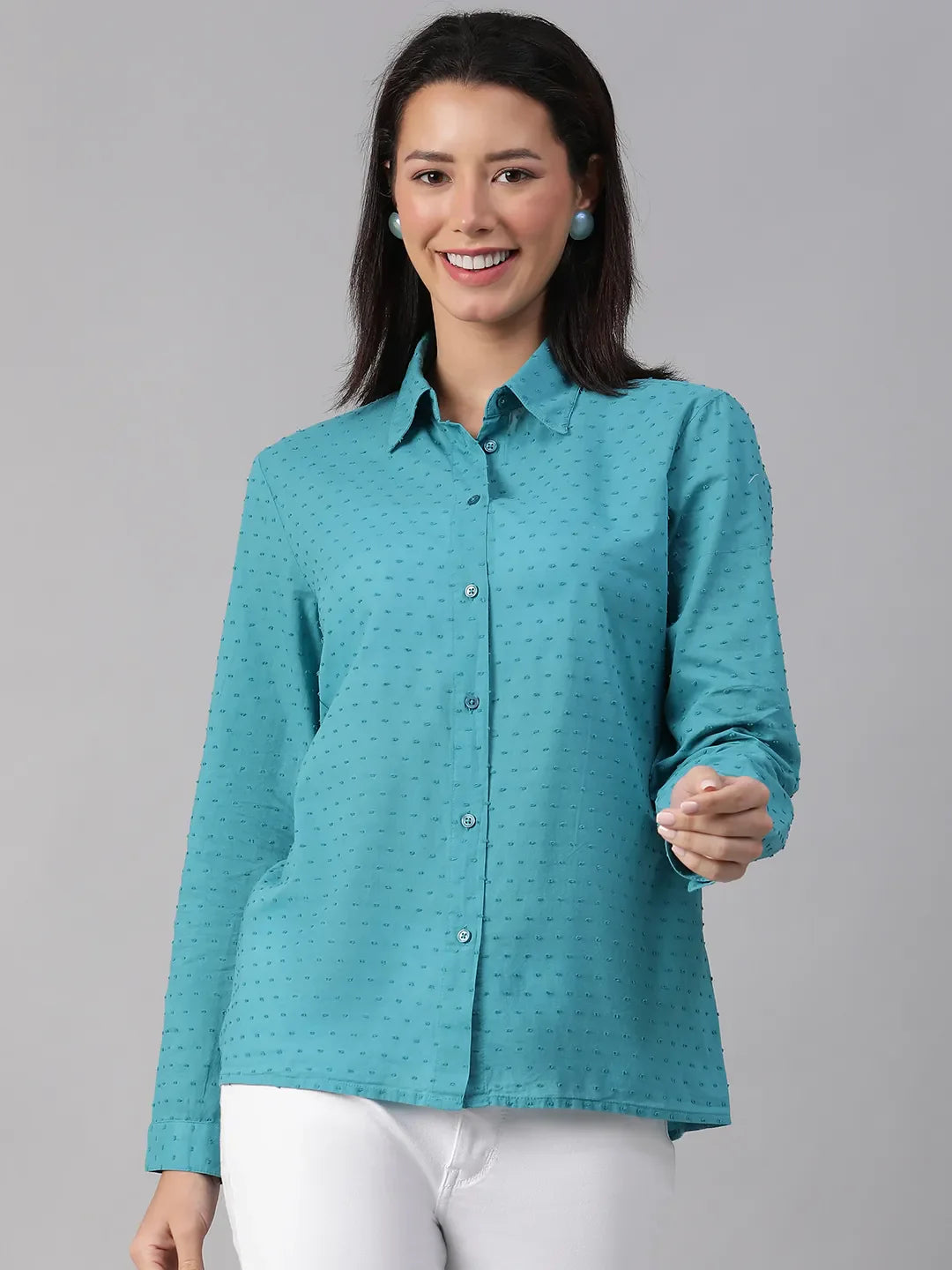 Treasured Teal Collared Swiss Dotted Long Sleeve Shirt