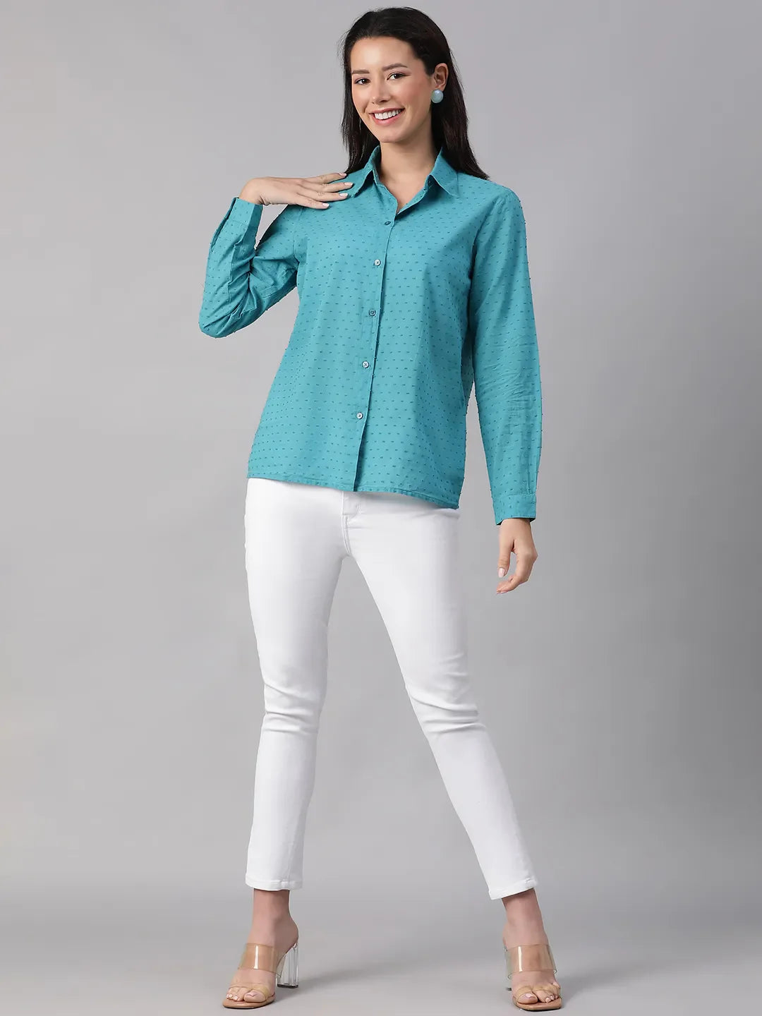 Treasured Teal Collared Swiss Dotted Long Sleeve Shirt