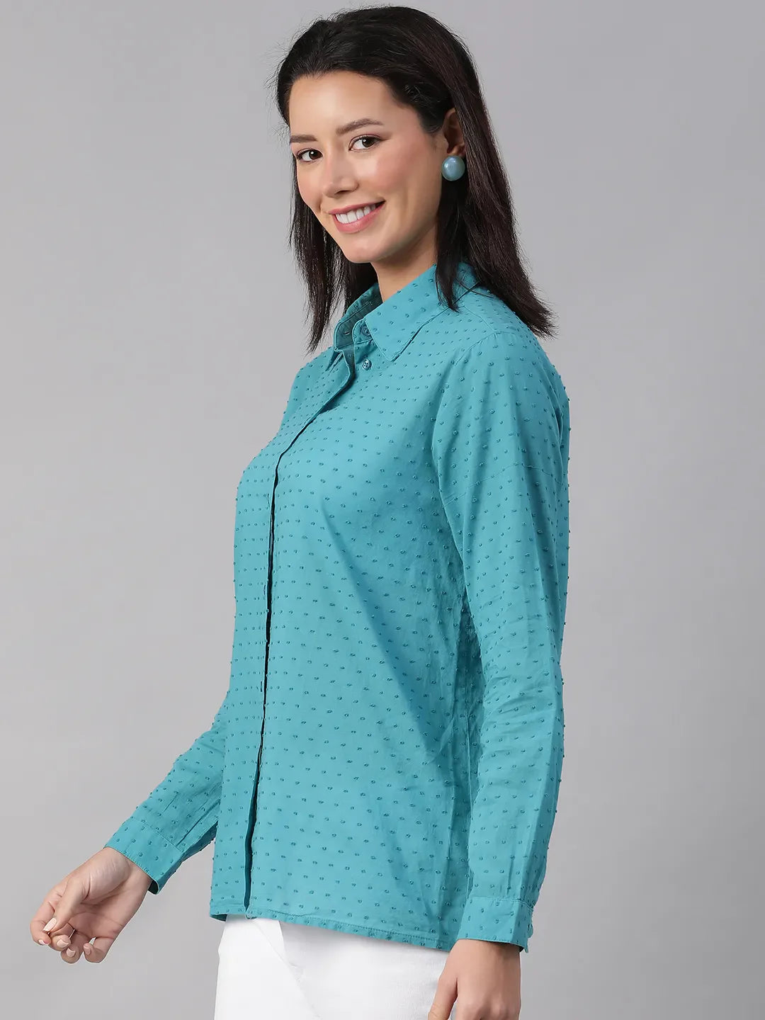 Treasured Teal Collared Swiss Dotted Long Sleeve Shirt