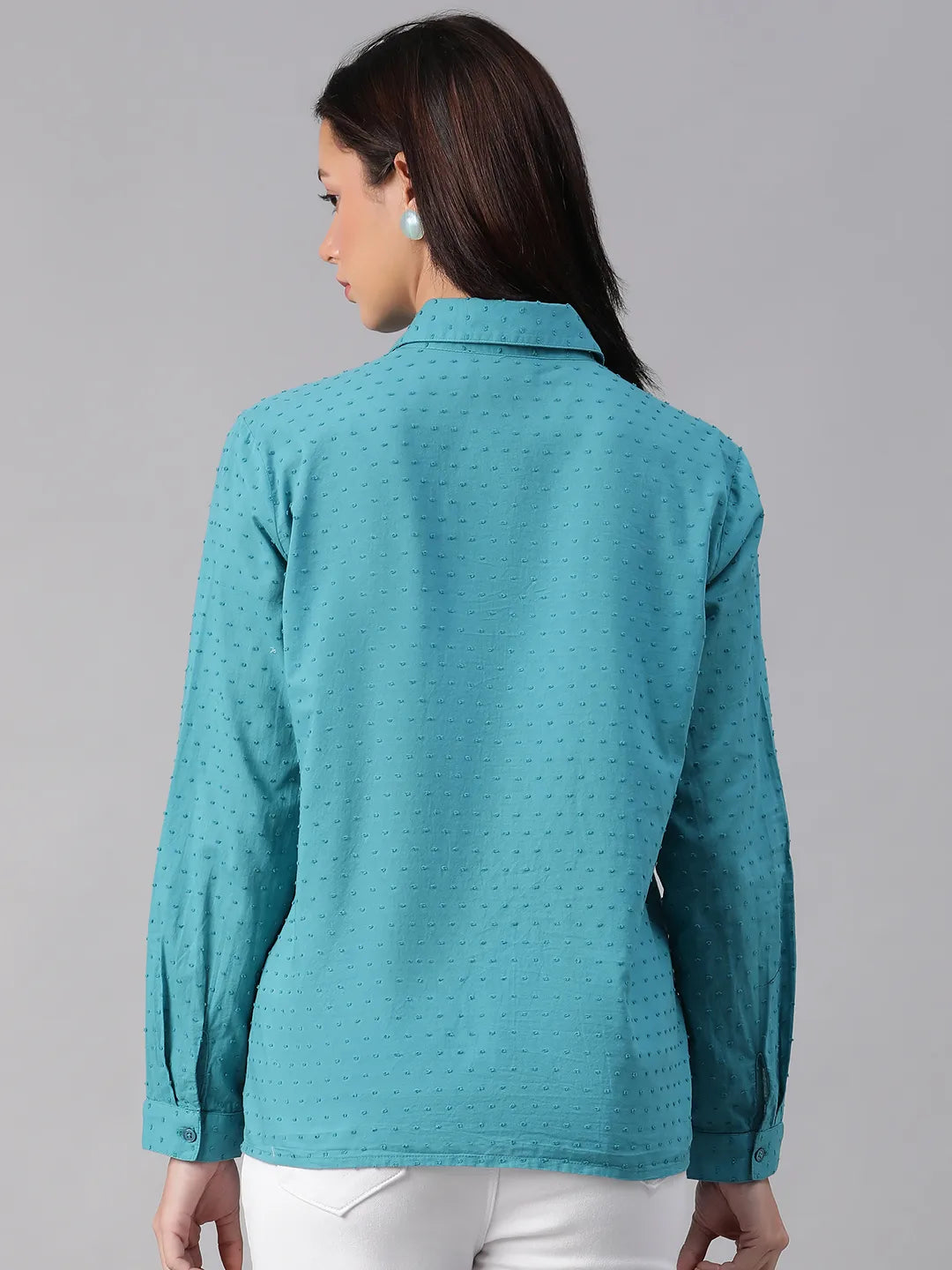 Treasured Teal Collared Swiss Dotted Long Sleeve Shirt