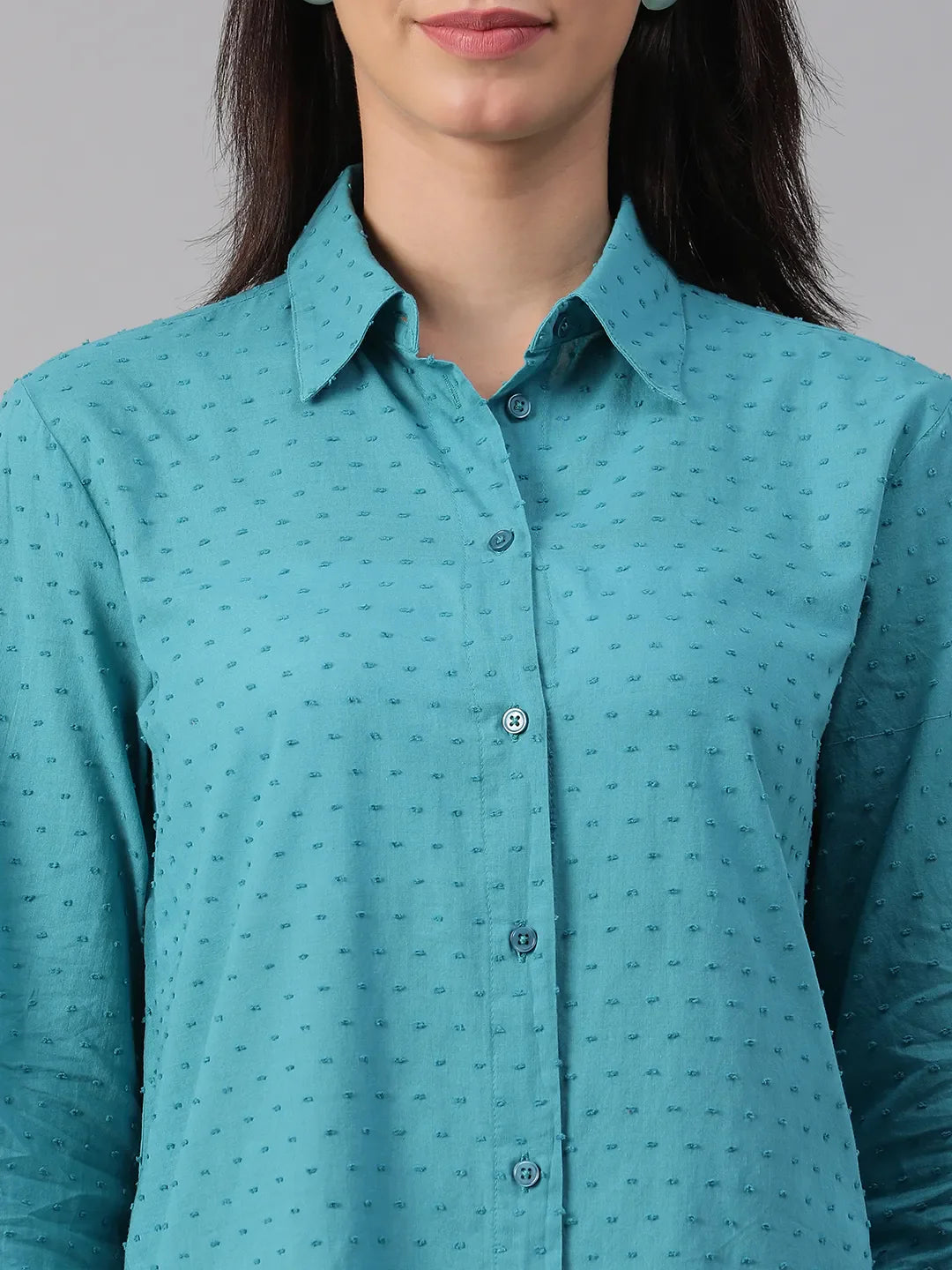 Treasured Teal Collared Swiss Dotted Long Sleeve Shirt