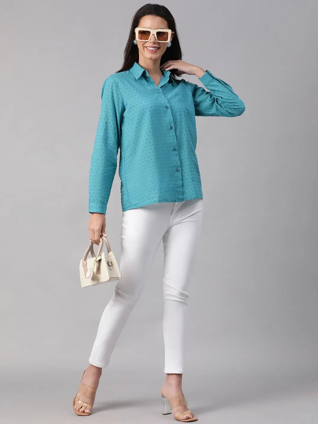 Treasured Teal Collared Swiss Dotted Long Sleeve Shirt