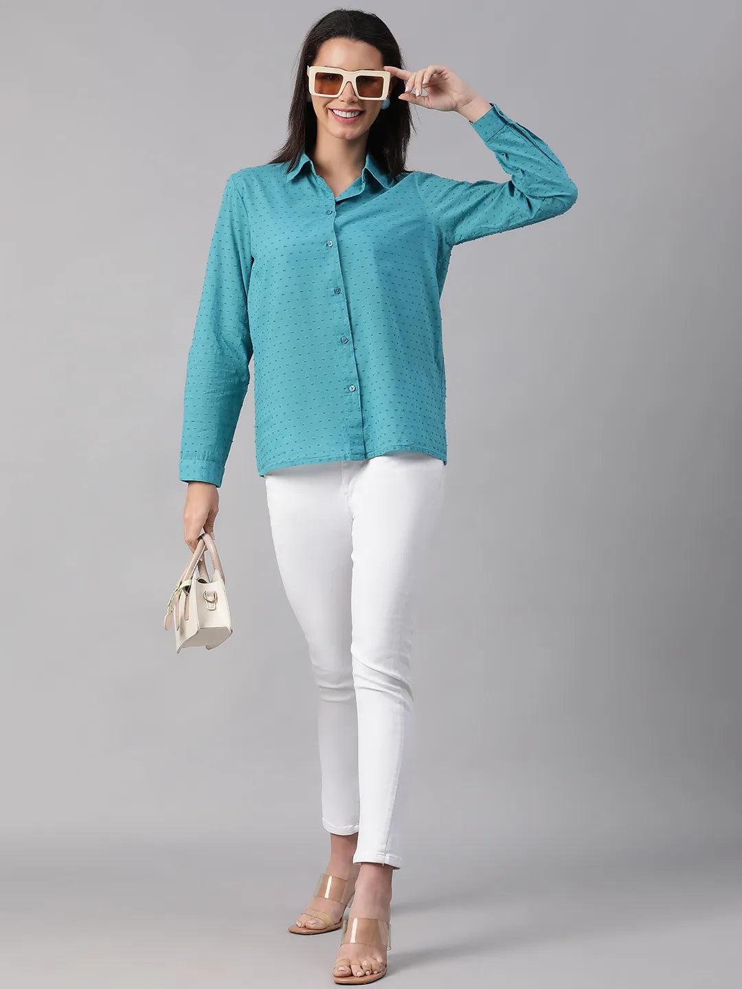 Treasured Teal Collared Swiss Dotted Long Sleeve Shirt