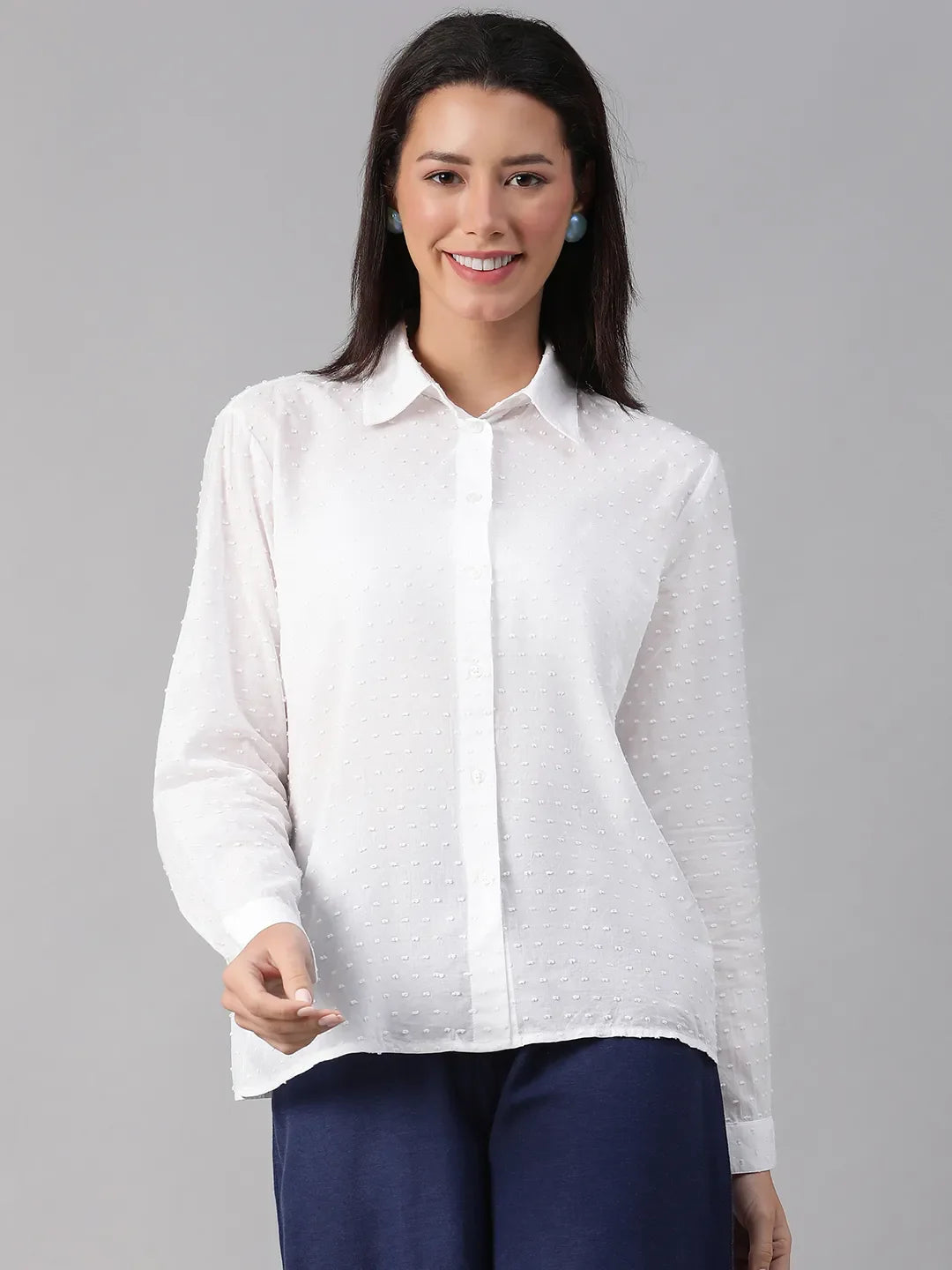 Radiant White Swiss Dotted Long Sleeve Cotton Shirt