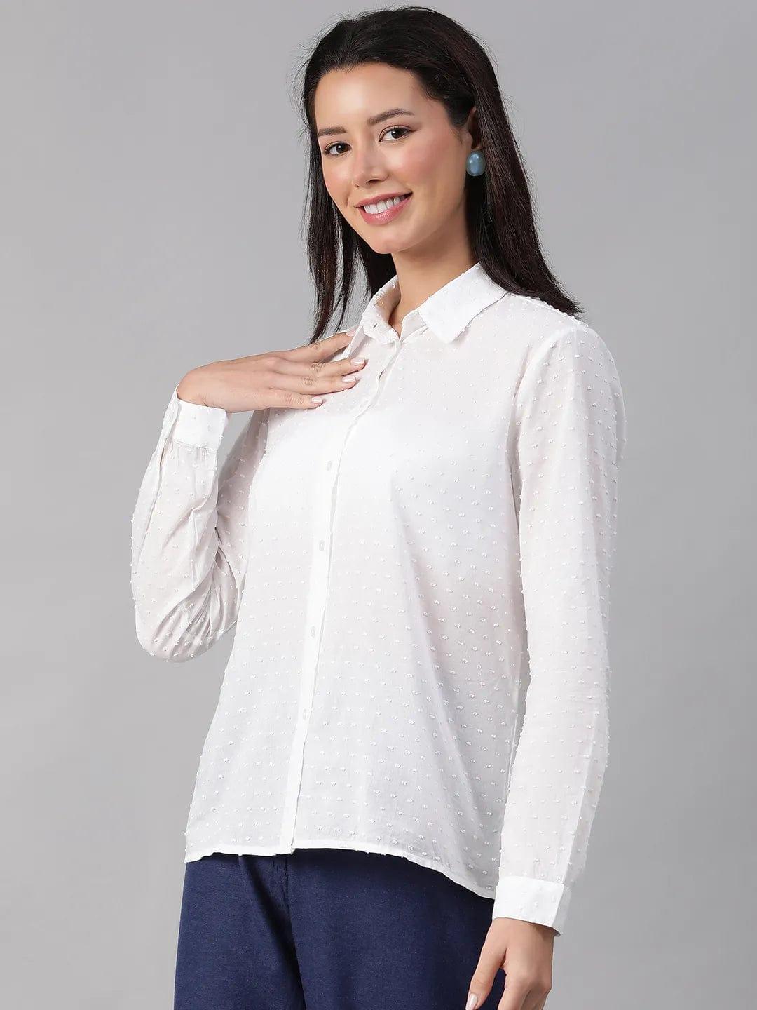 Radiant White Swiss Dotted Long Sleeve Cotton Shirt