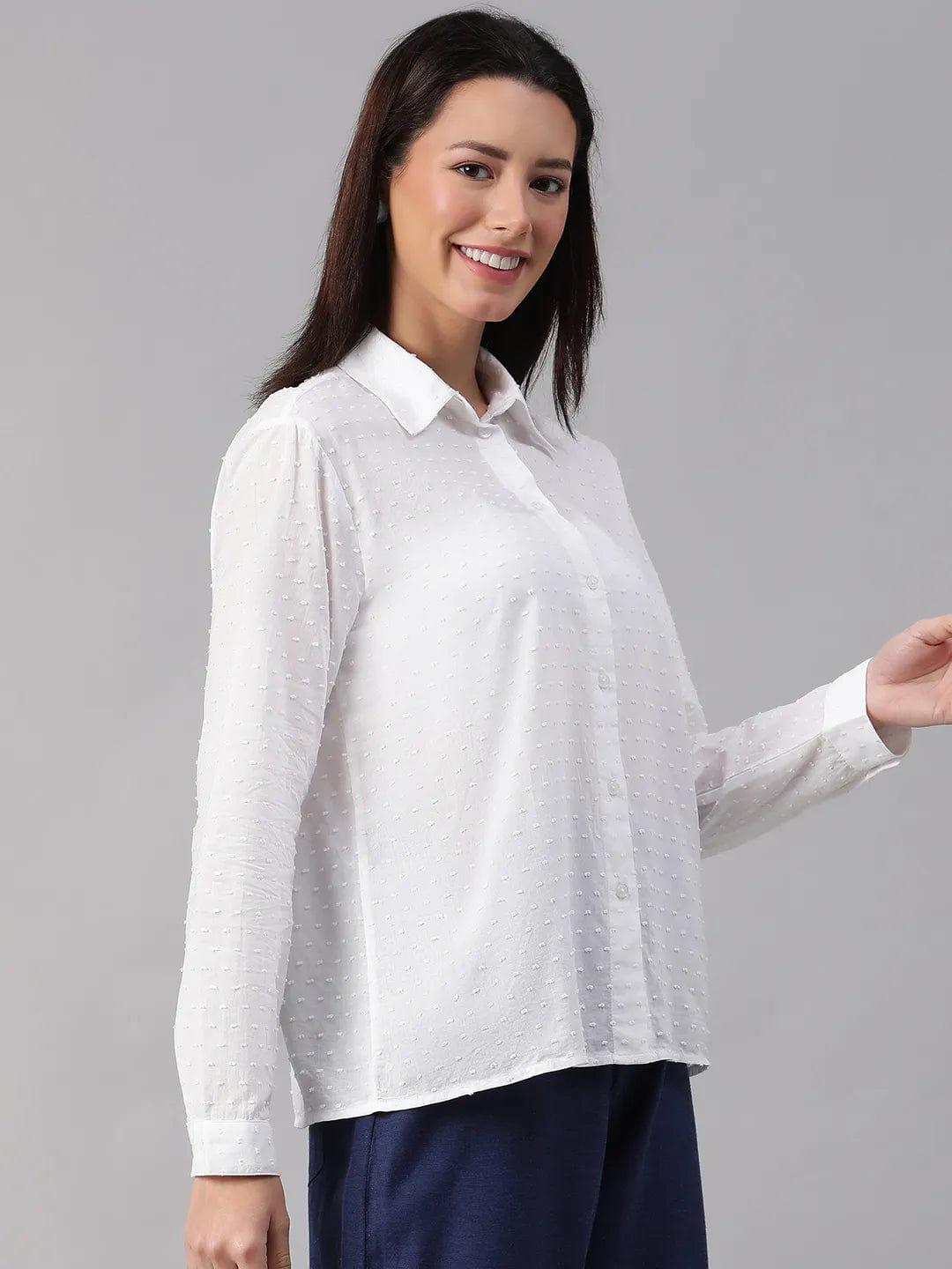 Radiant White Swiss Dotted Long Sleeve Cotton Shirt