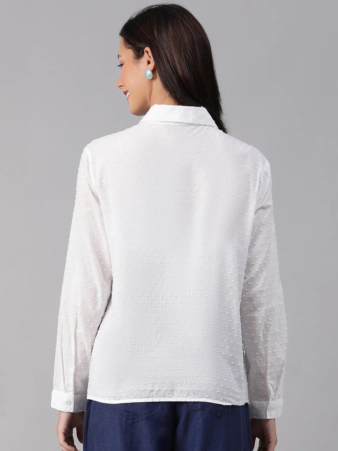 Radiant White Swiss Dotted Long Sleeve Cotton Shirt