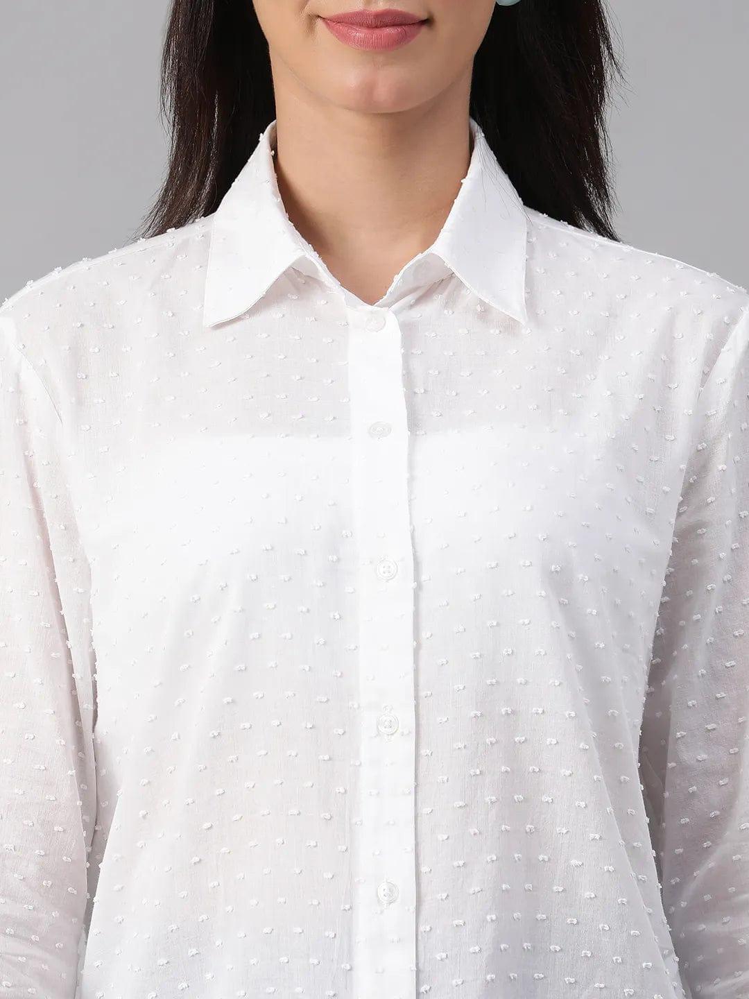 Radiant White Swiss Dotted Long Sleeve Cotton Shirt