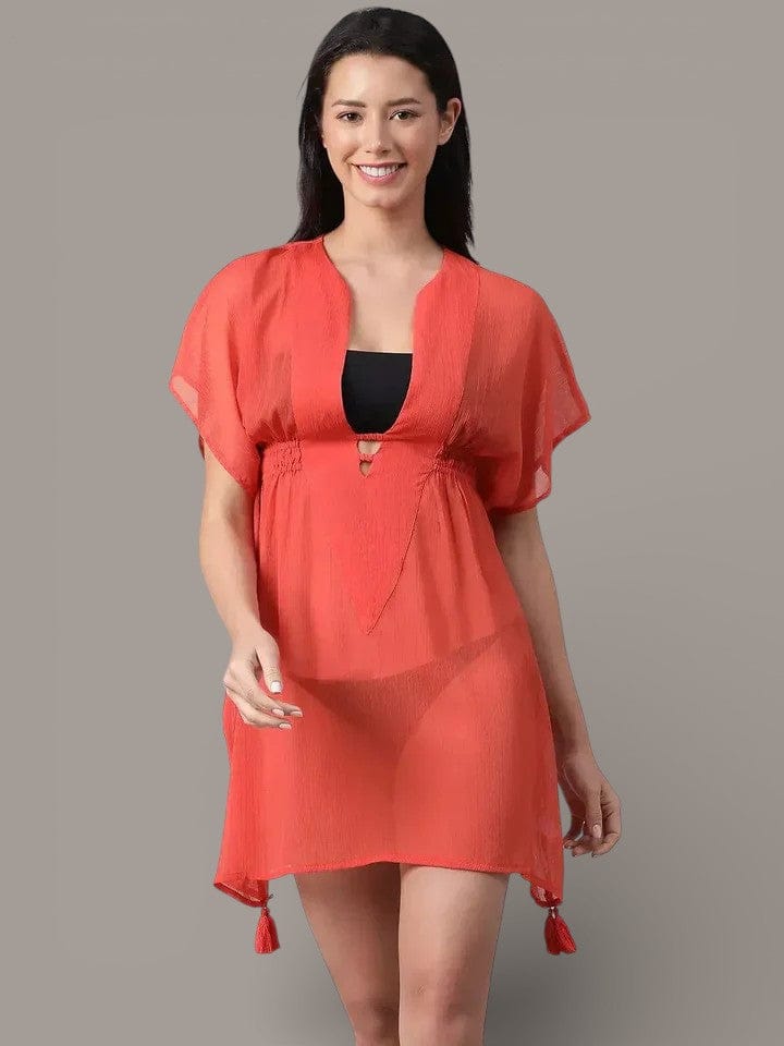 Summer Red Elasticated Lace Detailed Beachwear Kaftan