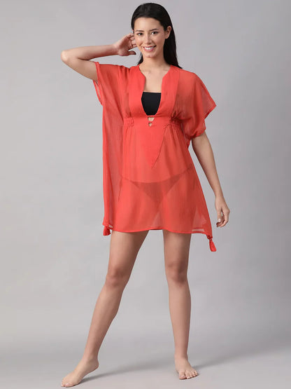 Summer Red Elasticated Lace Detailed Beachwear Kaftan