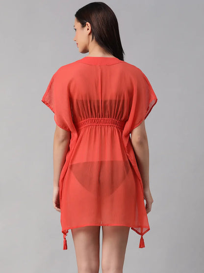 Summer Red Elasticated Lace Detailed Beachwear Kaftan