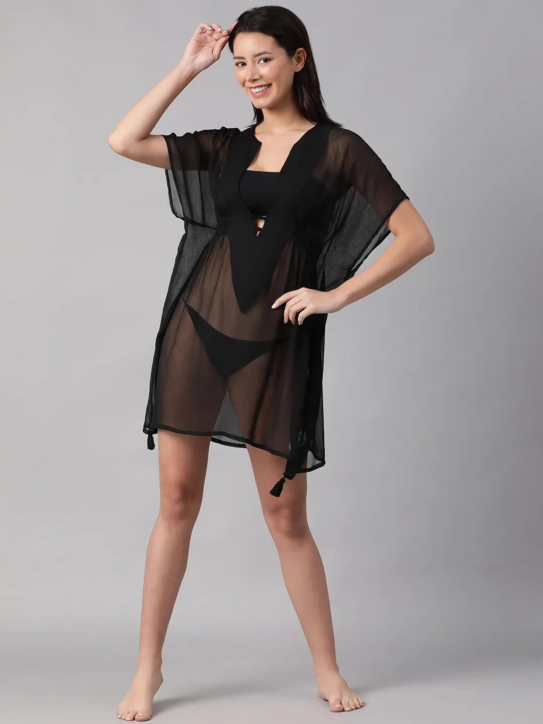 Glinting Black V-Neck Elasticated Lace Detailed Beachwear Kaftan