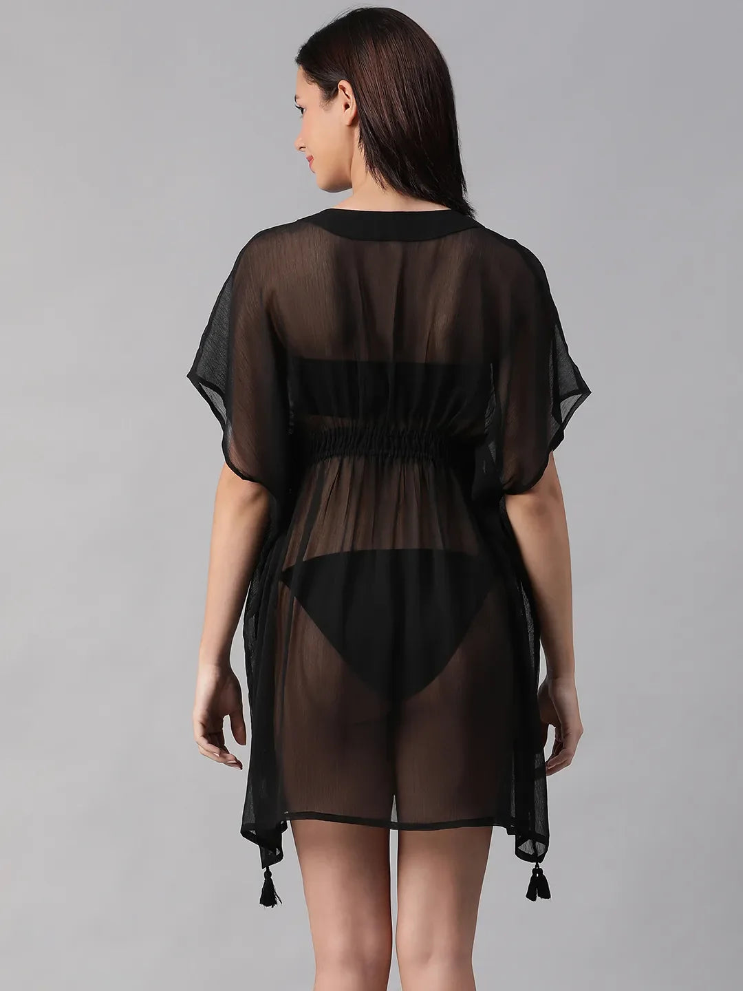 Glinting Black V-Neck Elasticated Lace Detailed Beachwear Kaftan