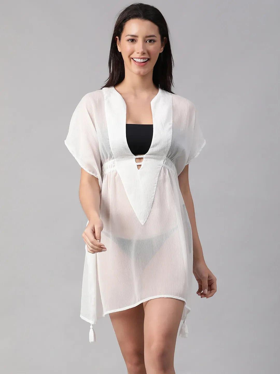 Thrilling White V-Neck Elasticated Lace Detailed Women Beachwear Kaftan