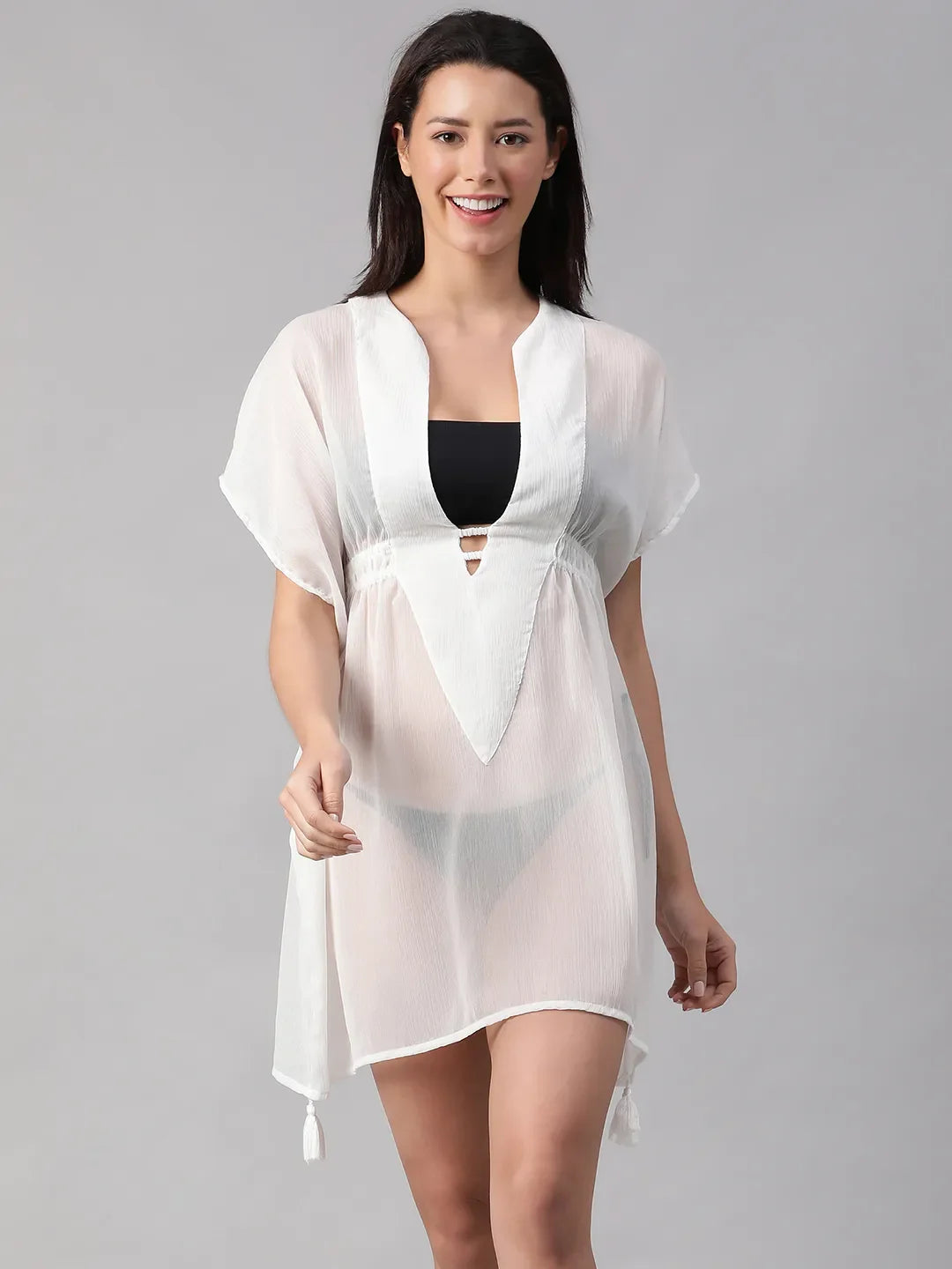 Thrilling White V-Neck Elasticated Lace Detailed Beachwear Kaftan