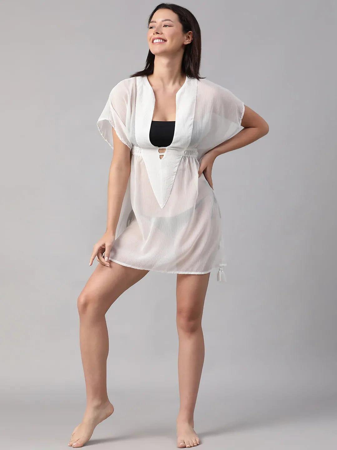 Thrilling White V-Neck Elasticated Lace Detailed Women Beachwear Kaftan