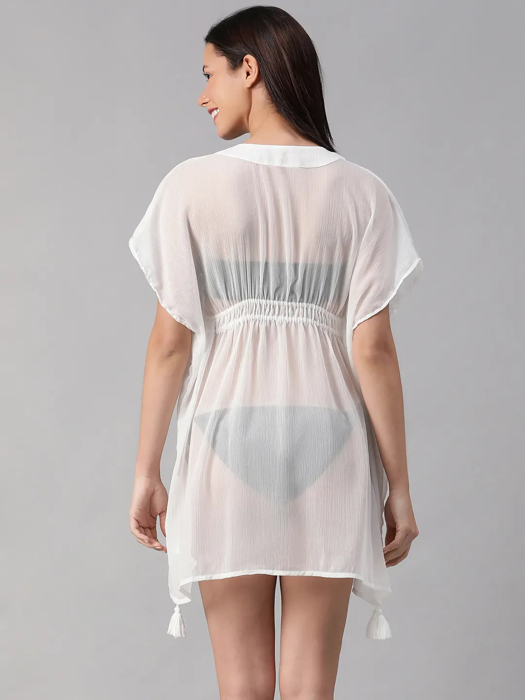 Thrilling White V-Neck Elasticated Lace Detailed Beachwear Kaftan