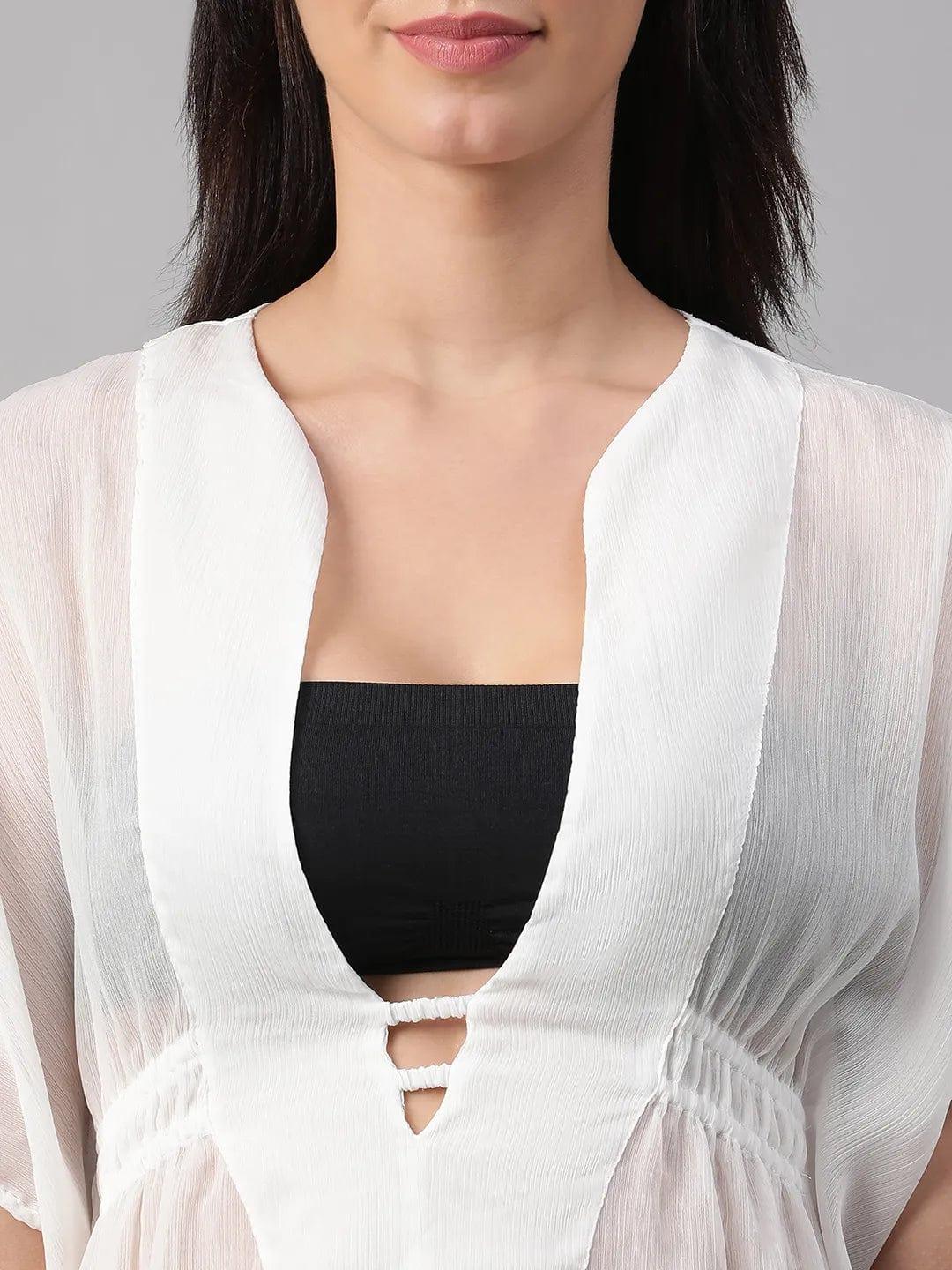Thrilling White V-Neck Elasticated Lace Detailed Women Beachwear Kaftan