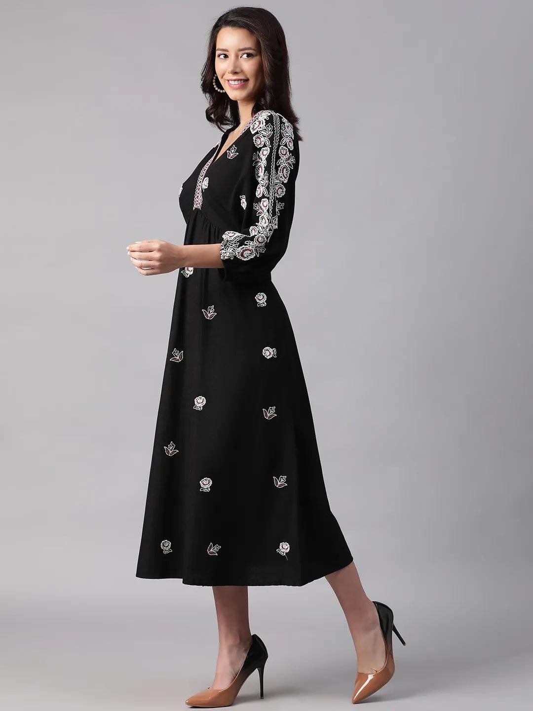 Focused Black Embroidered V-Neck Cotton Women Dress