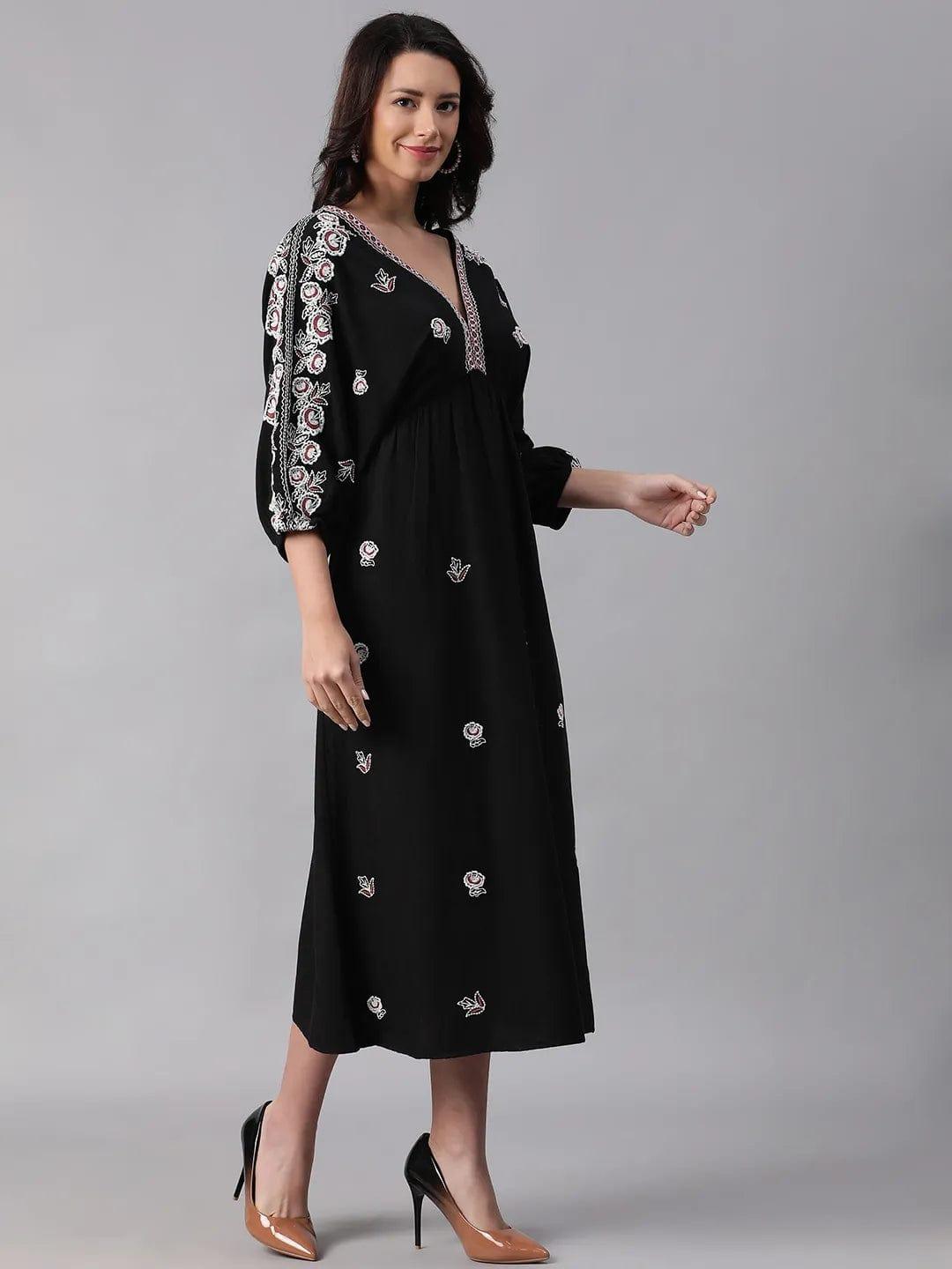 Focused Black Embroidered V-Neck Cotton Women Dress