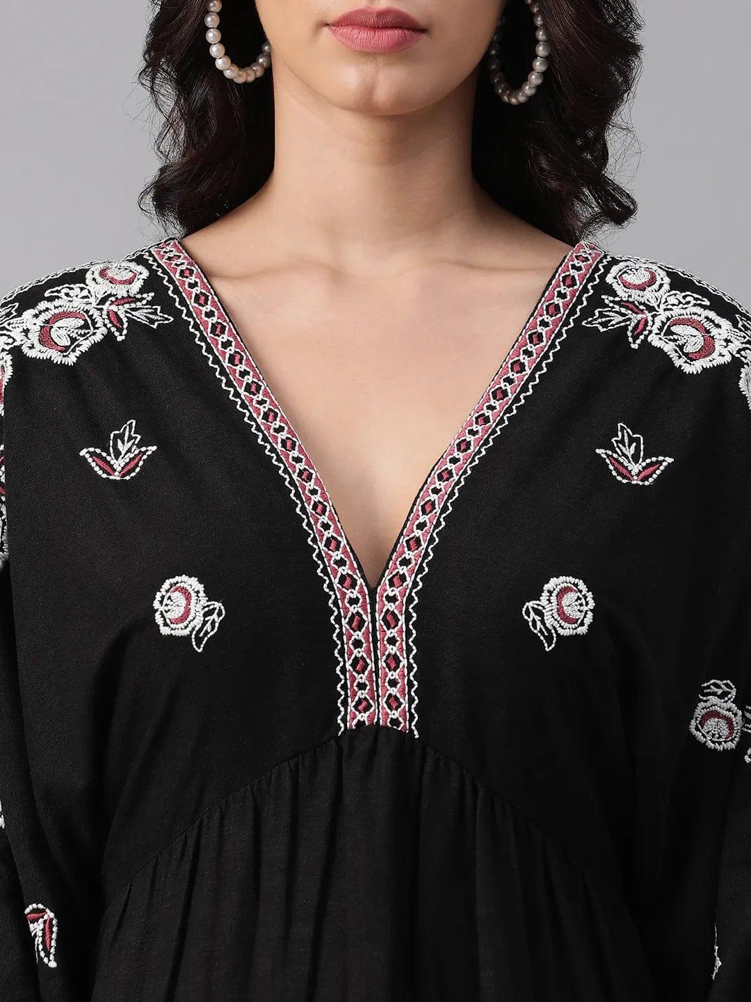 Focused Black Embroidered V-Neck Cotton Women Dress