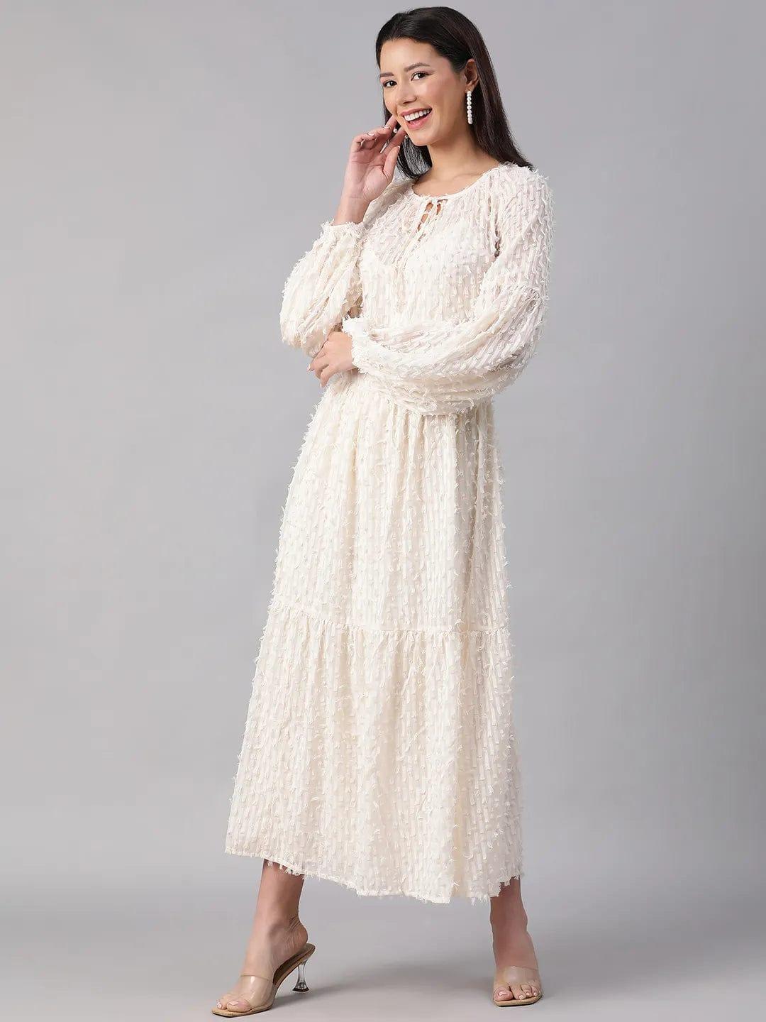 Classy Peach Long Sleeves Elasticated Dobby Meld Women Dress