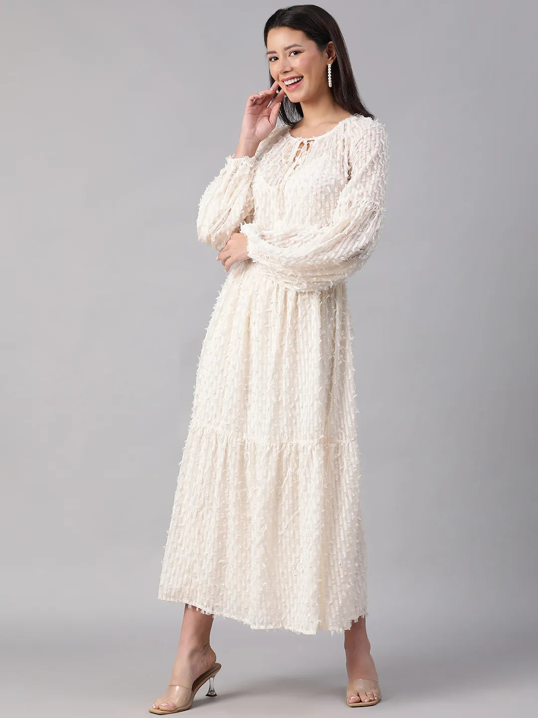 Classy Peach Long Sleeves Elasticated Dobby Meld Dress