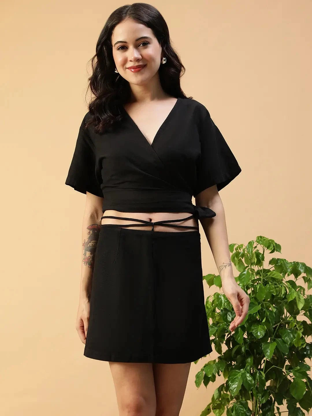 Cotton Linen Co-Ord Set - Black Tie-Up Top & Elastic Waistband Mini Skirt
