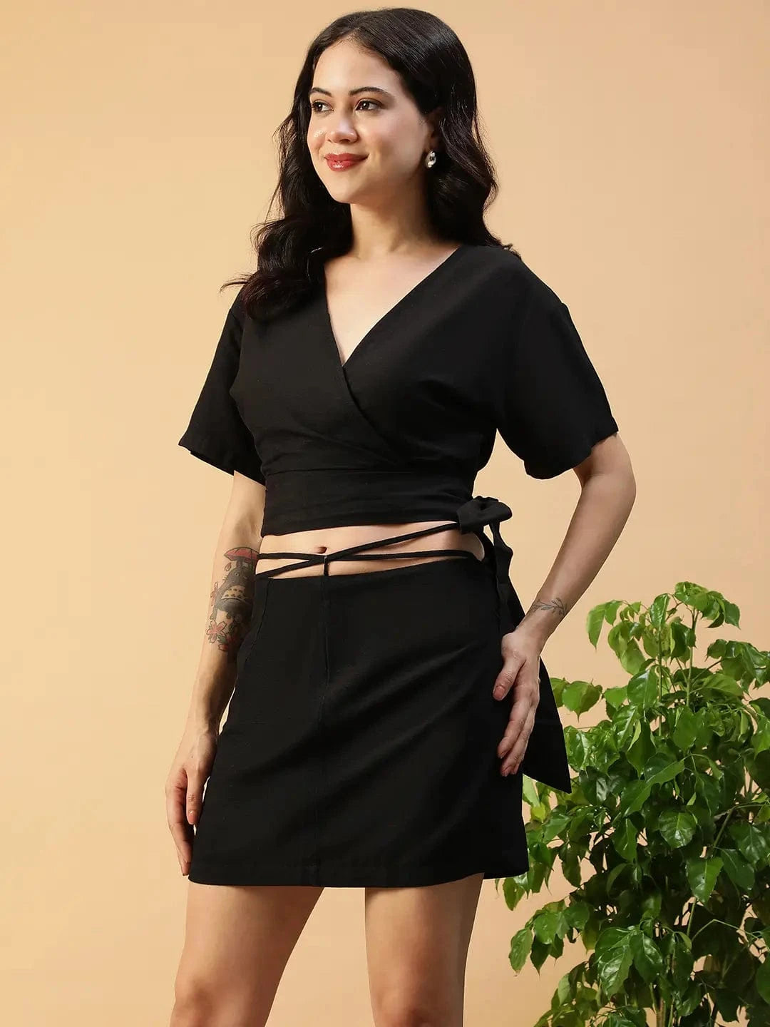 Cotton Linen Co-Ord Set - Black Tie-Up Top & Elastic Waistband Mini Skirt