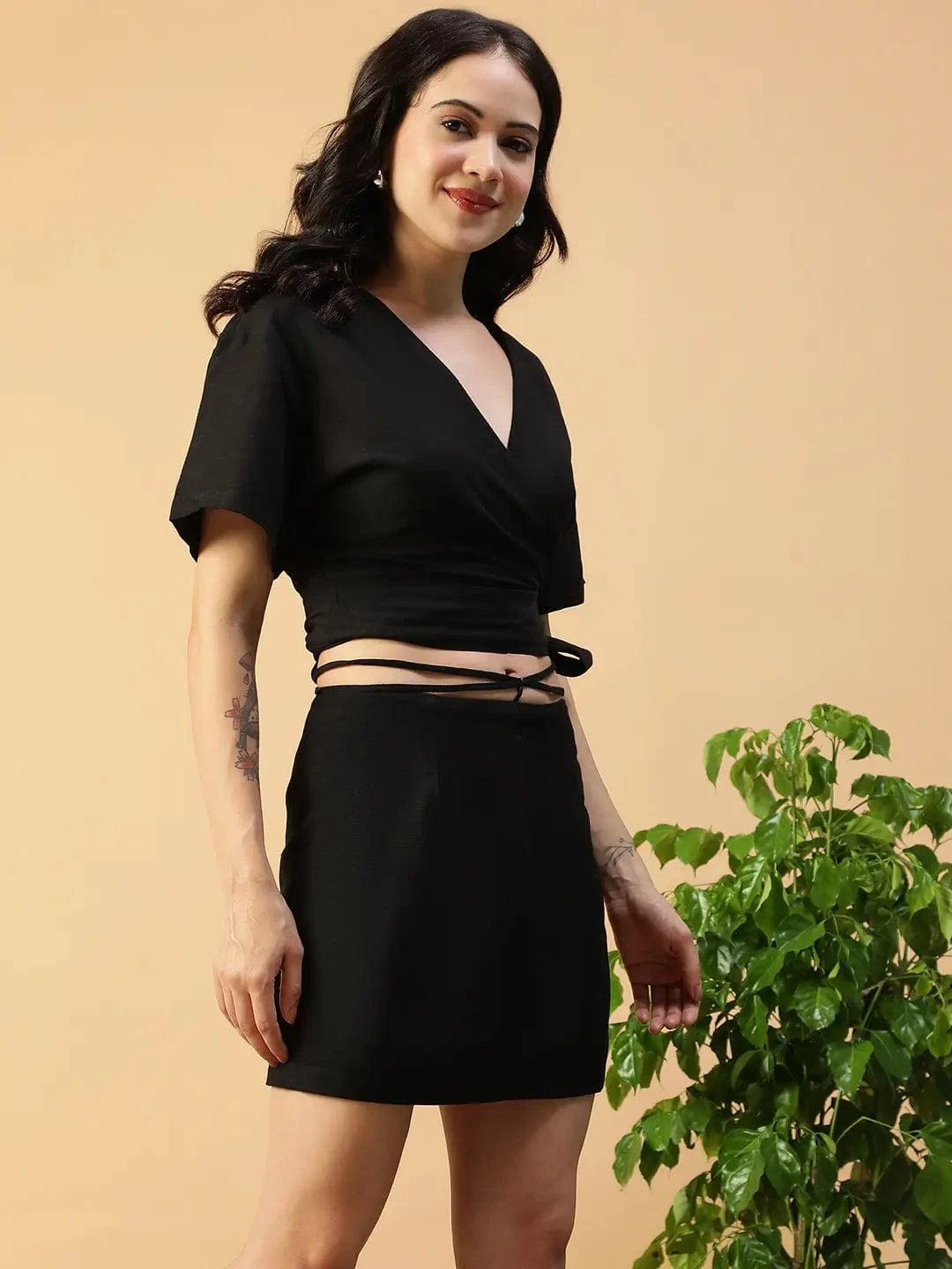 Cotton Linen Co-Ord Set - Black Tie-Up Top & Elastic Waistband Mini Skirt