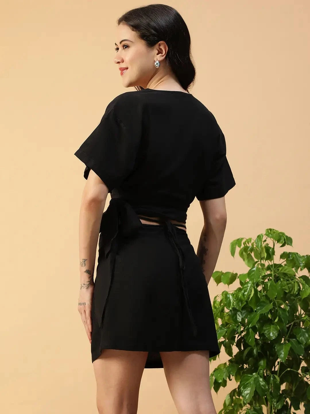 Cotton Linen Co-Ord Set - Black Tie-Up Top & Elastic Waistband Mini Skirt