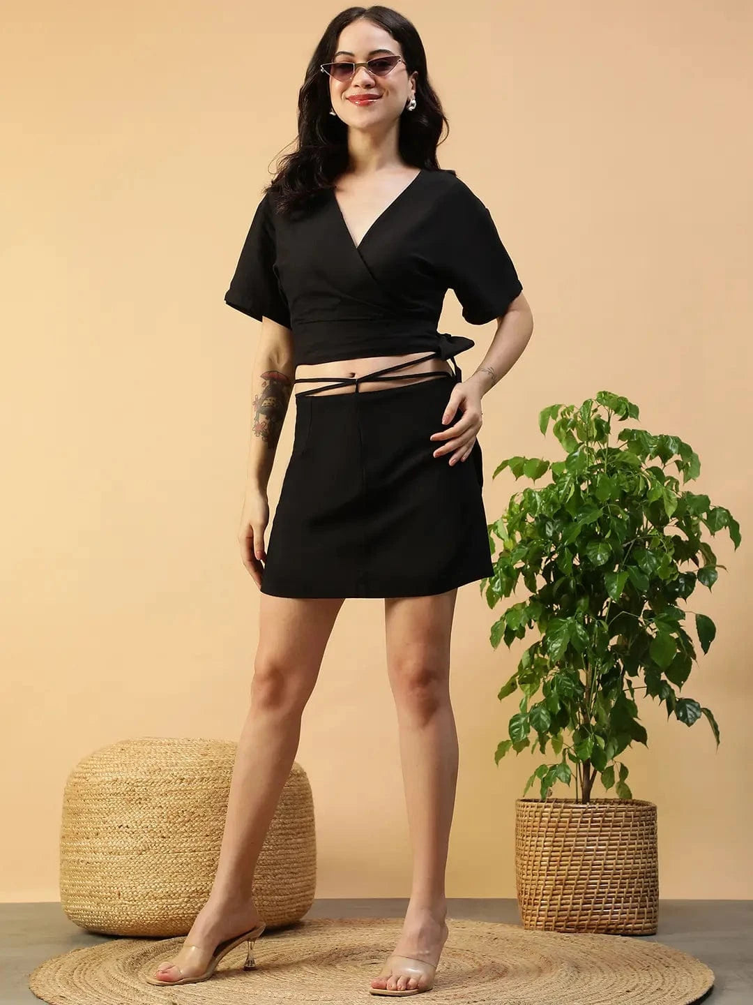 Cotton Linen Co-Ord Set - Black Tie-Up Top & Elastic Waistband Mini Skirt