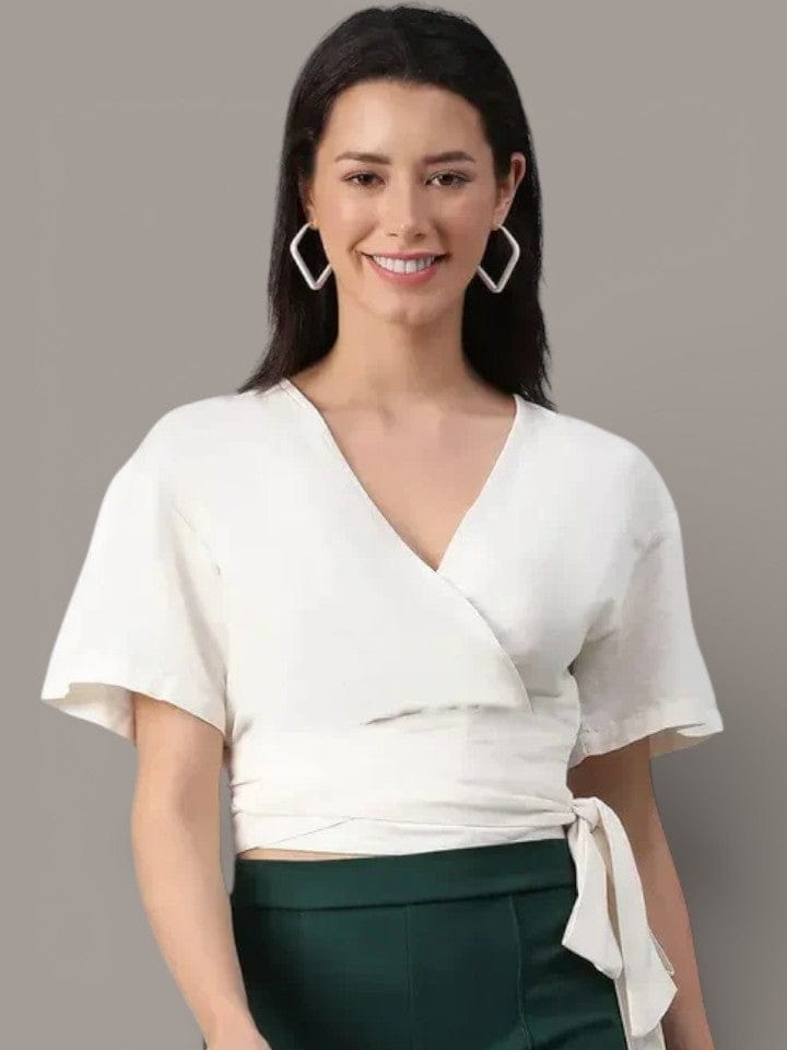 White Crop Top - Women's Cotton V Neck Short Sleeve Tie Knot Belt Party Wear