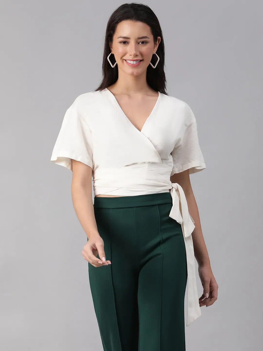 Party White V-Neck Short Sleeve Tie-Knot Belt Crop Top