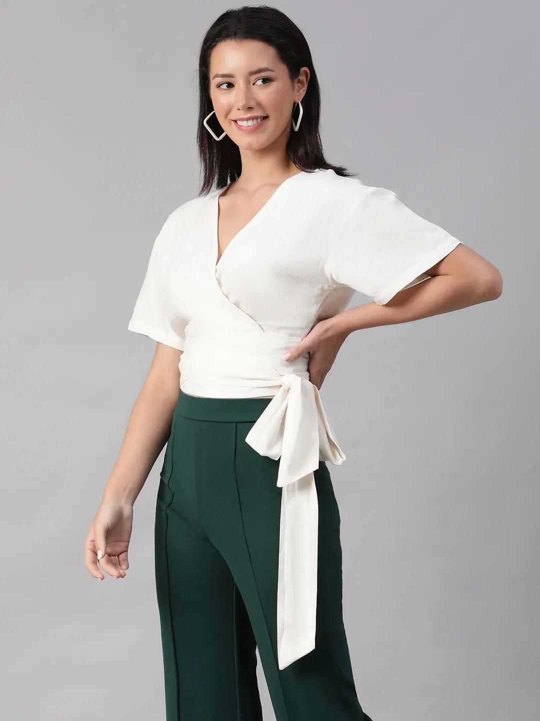 Party White V-Neck Short Sleeve Tie-Knot Belt Crop Top