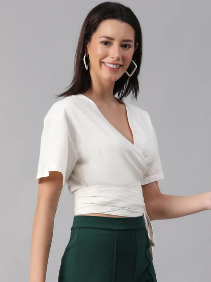 Party White V-Neck Short Sleeve Tie-Knot Belt Crop Top