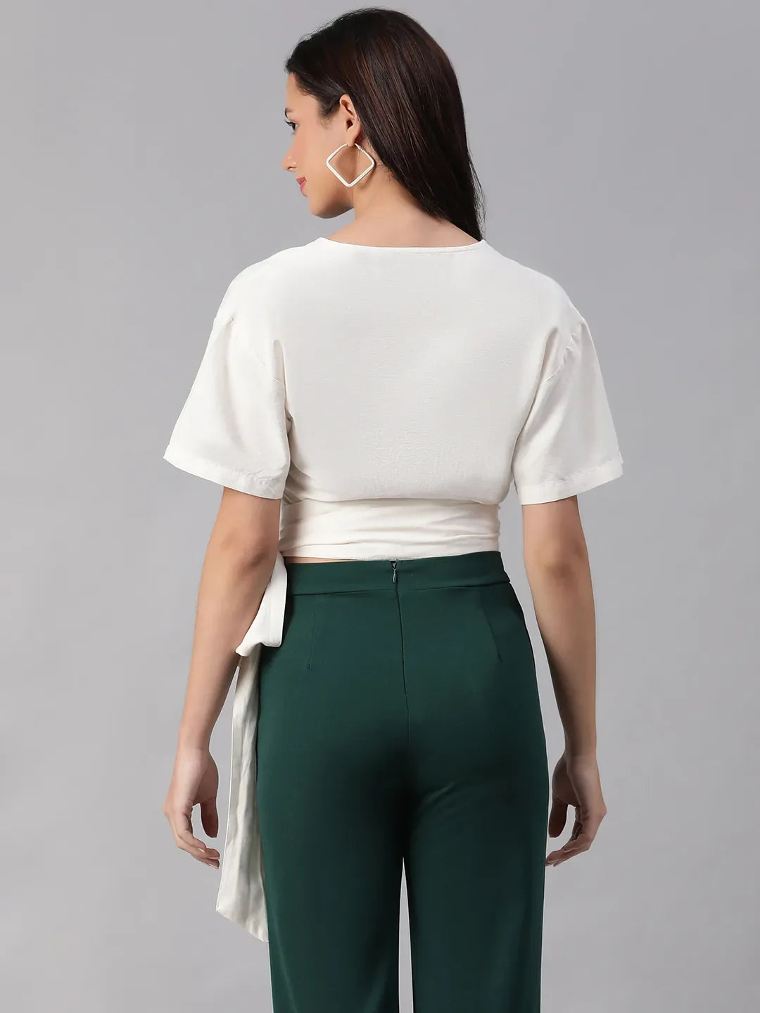 Party White V-Neck Short Sleeve Tie-Knot Belt Crop Top