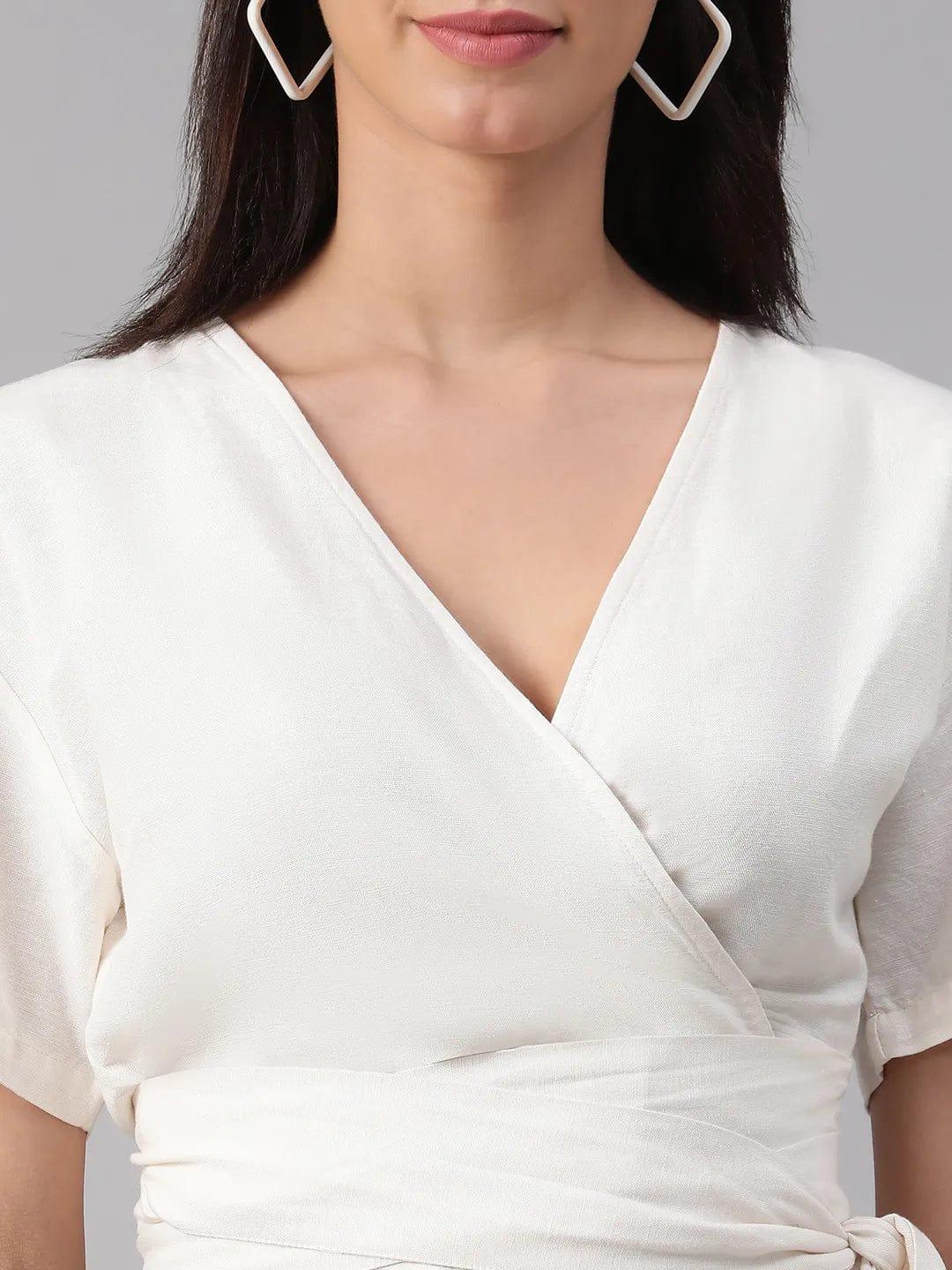 Party White V-Neck Short Sleeve Tie-Knot Belt Crop Top