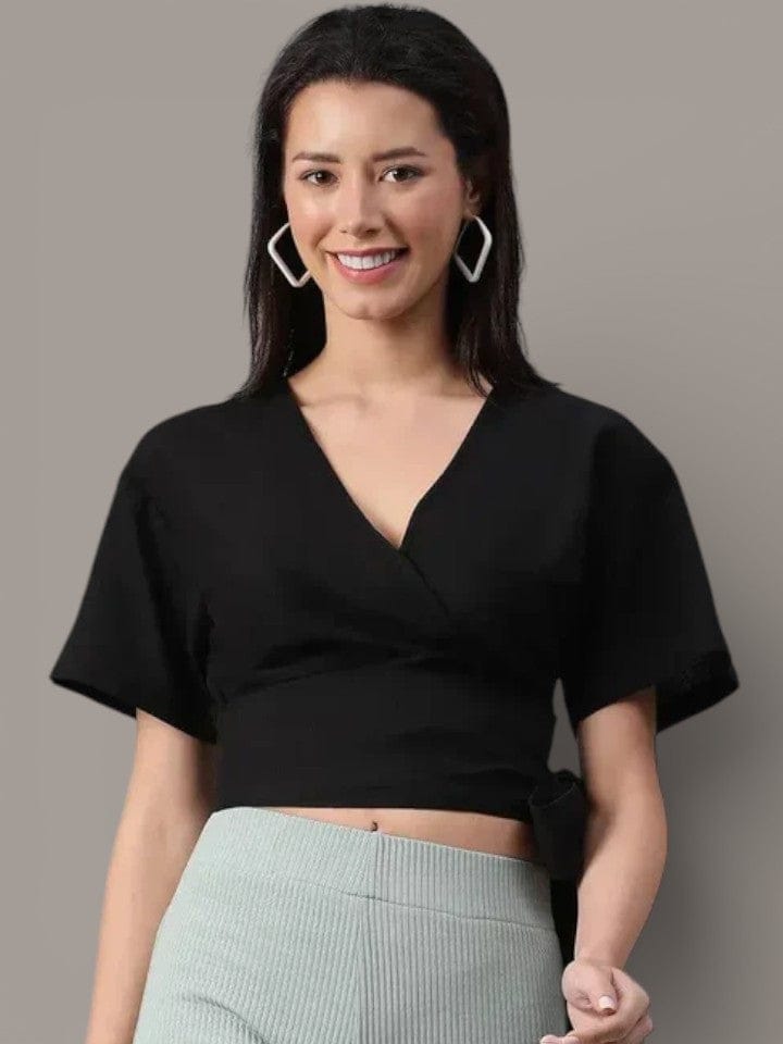 Black Crop Top - V Neck Short Sleeve Tie Knot Belt Cotton Casual Shirt