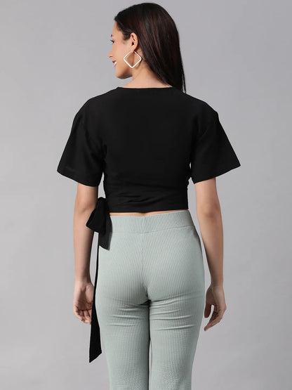 Black Blizz V-Neck Short Sleeve Tie-Knot Belt Crop Top