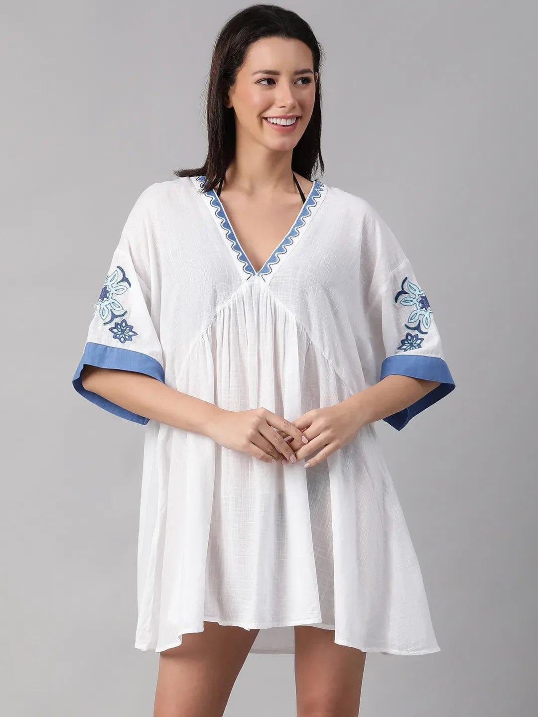 Abstract White Embroidered Flare Beachwear Cotton Dress for Women Dress