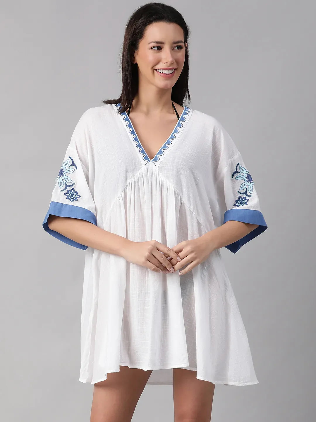 Abstract White Embroidered Flare Beachwear Cotton Dress for Women