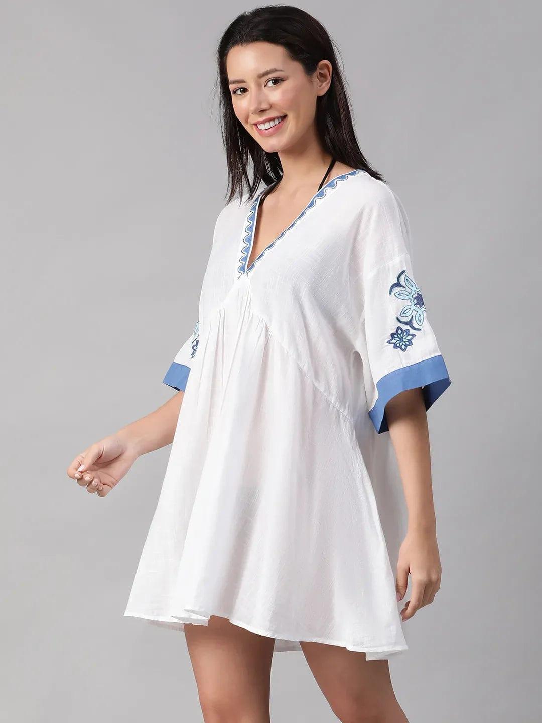 Abstract White Embroidered Flare Beachwear Cotton Dress for Women Dress