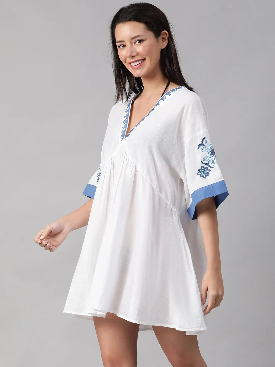 Abstract White Embroidered Flare Beachwear Cotton Dress for Women