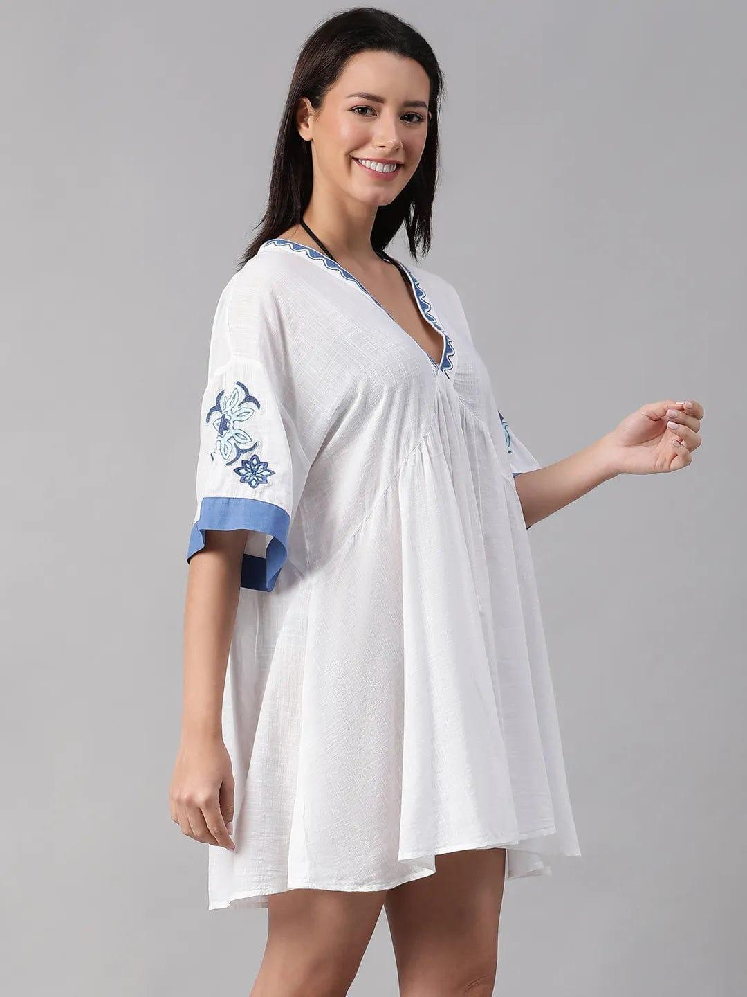 Abstract White Embroidered Flare Beachwear Cotton Dress for Women Dress