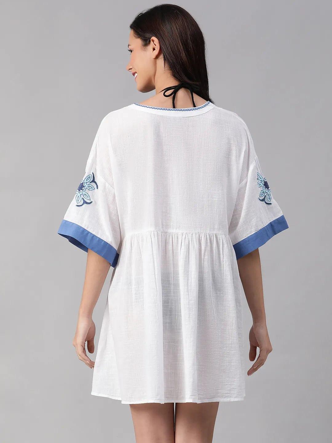 Abstract White Embroidered Flare Beachwear Cotton Dress for Women Dress